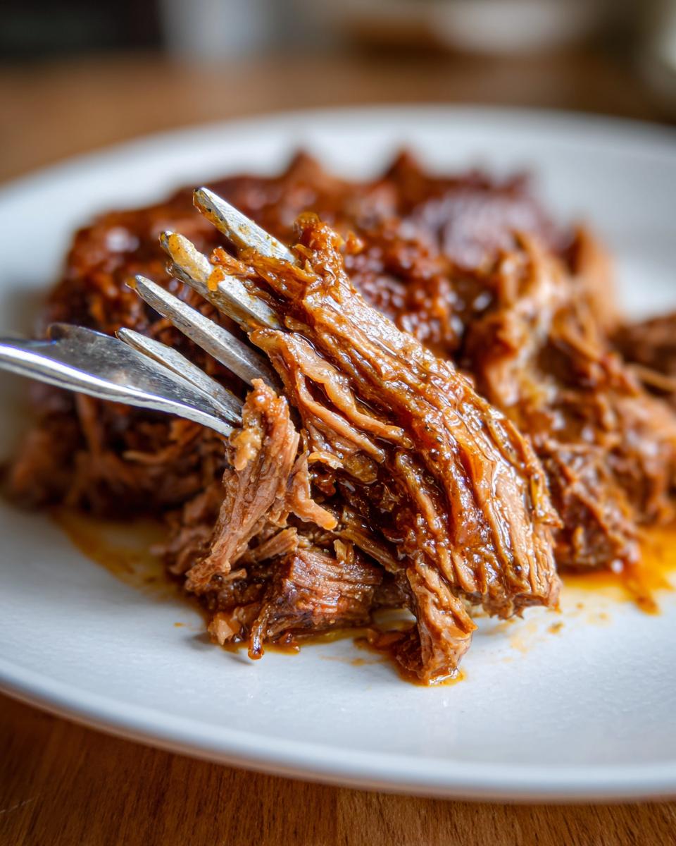 Close-up of shredded Mississippi Pot Roast being lifted by a fork from a white plate.
