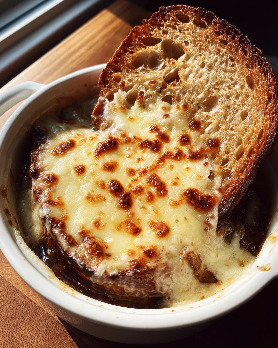 Close-up of bubbling, broiled cheese topping a slice of toasted bread in a bowl of French Onion Soup.