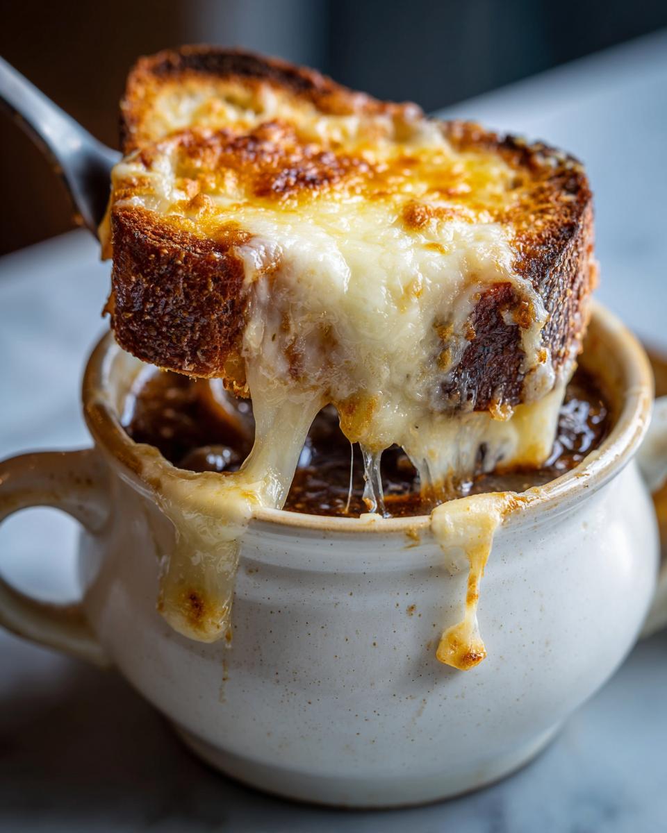 A spoonful of melted, browned cheese topping and toasted bread being lifted from a bowl of rich French Onion Soup.