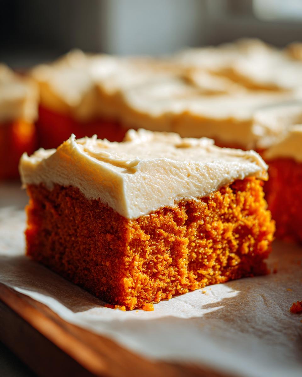 A close-up, brightly lit square slice of rich orange Pumpkin Bars topped with thick cream cheese frosting.