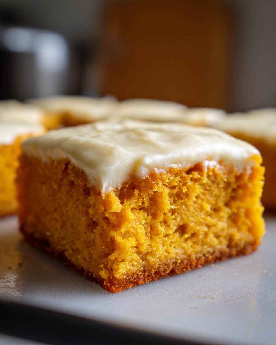 A close-up, focus shot of a single, thick square of moist, orange Pumpkin Bars topped with creamy white frosting.