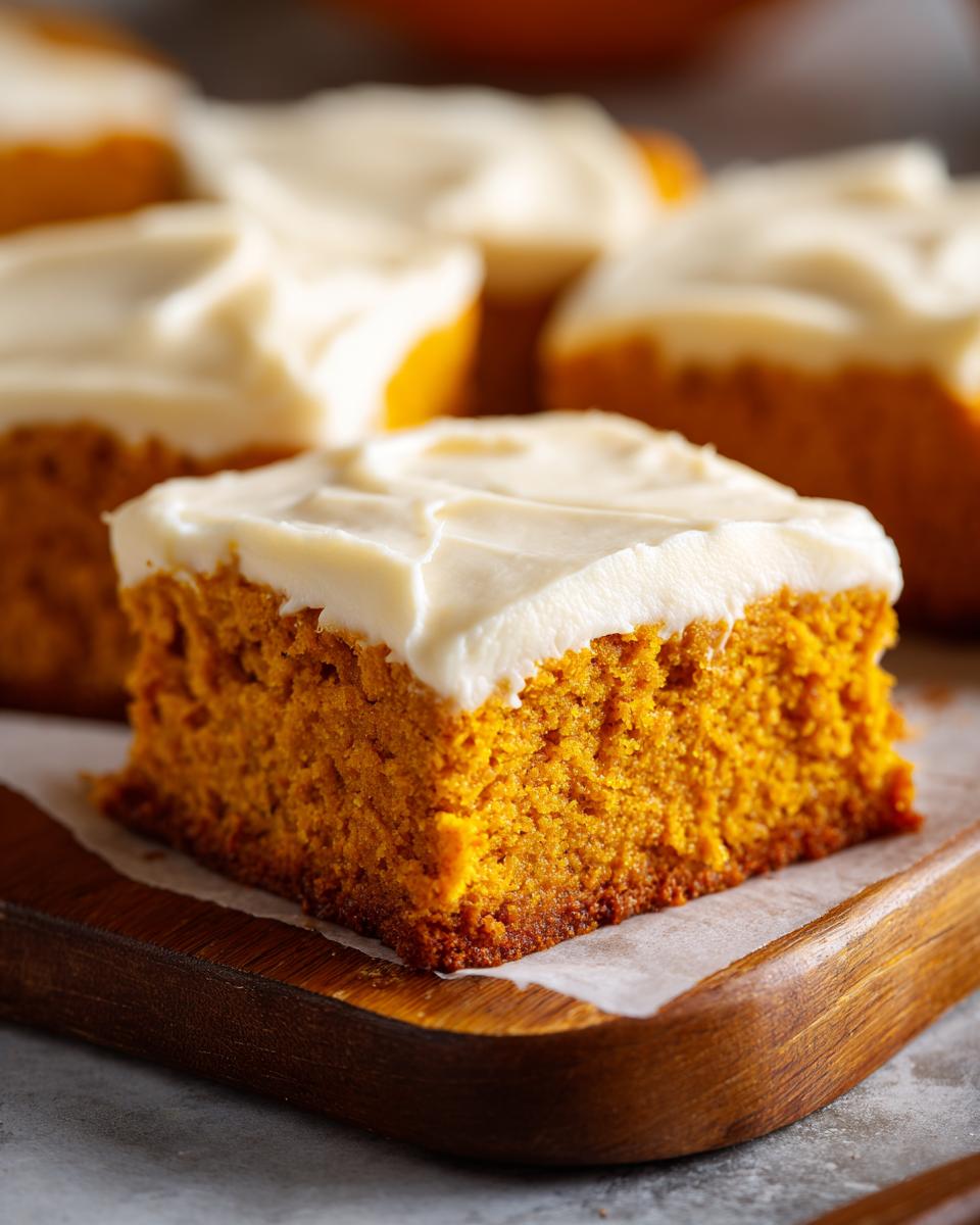 A close-up, focus shot of a single, moist square of orange Pumpkin Bars topped with thick cream cheese frosting.