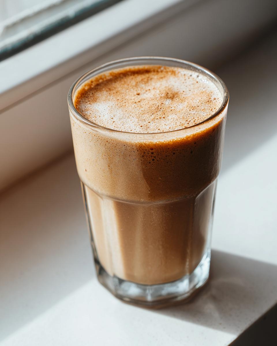 Close-up of a creamy, frothy brown smoothie, likely one of the PB2 Recipes, sitting on a white windowsill.