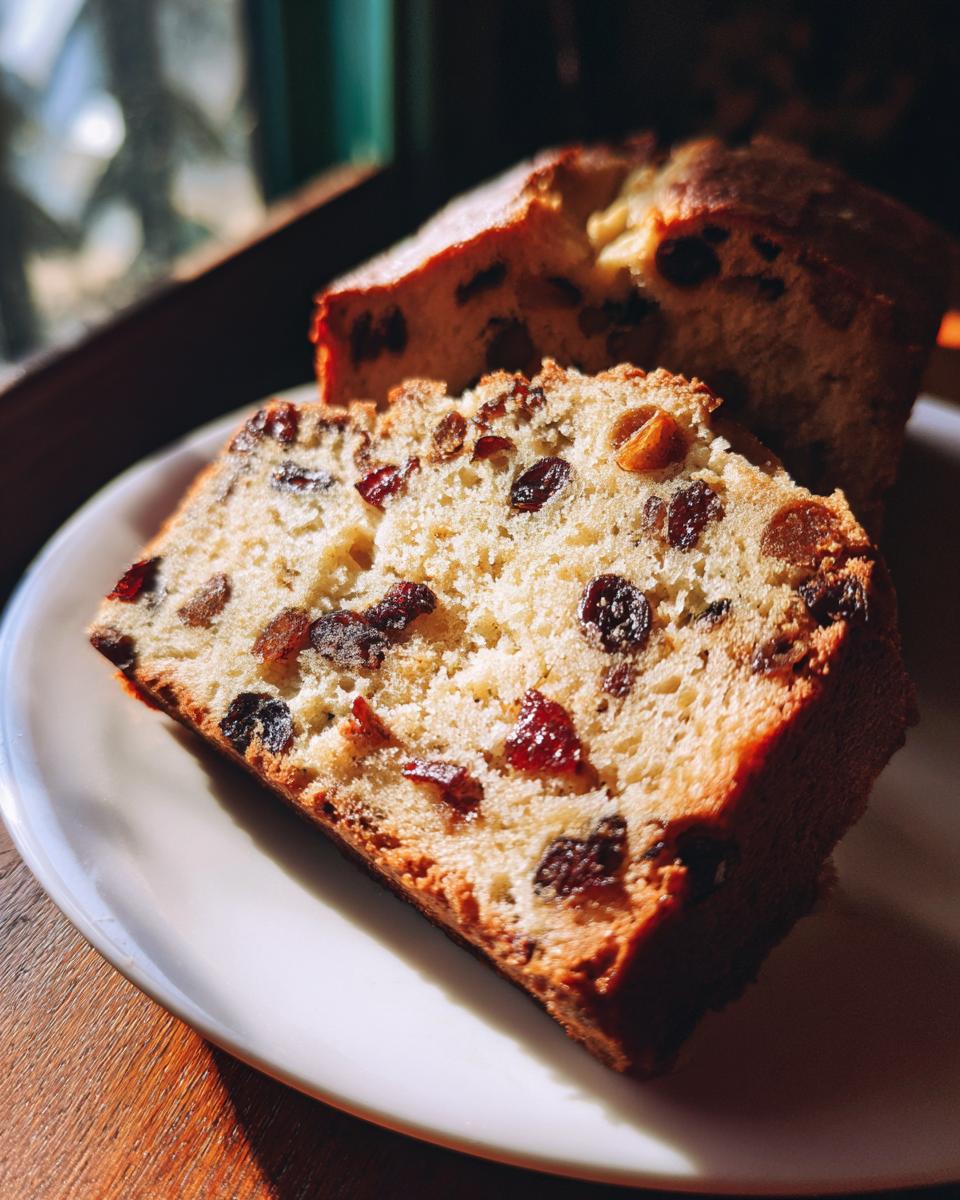 Close-up of a thick slice of homemade fruit bread recipes, packed with raisins and dried cranberries, served on a white plate.