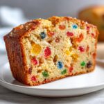Close-up of a moist slice of Fruity Pound Cake studded with bright red, yellow, green, and blue candied fruit pieces.