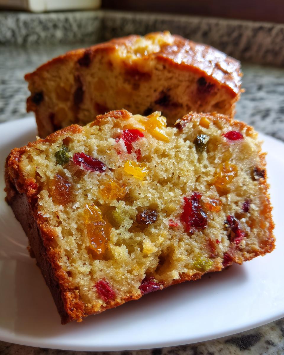 Close-up of a moist slice of Fruity Pound Cake, showing colorful candied fruits and raisins baked into the crumb.