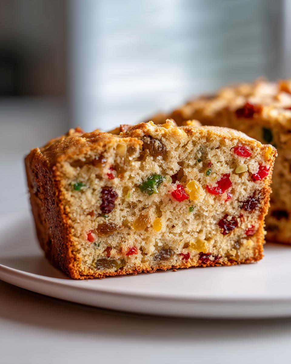 Close-up cross-section of a slice of Fruity Pound Cake showing colorful candied fruit and raisins baked inside.