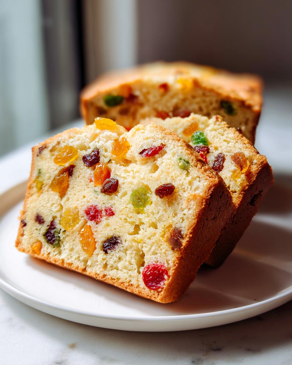 Two thick slices of moist Fruity Pound Cake packed with colorful candied fruits, served on a white plate.