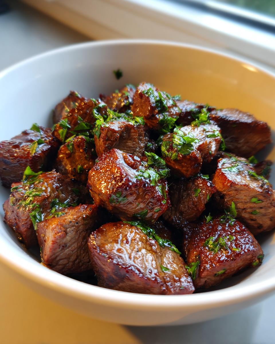 Close-up of seared Garlic Butter Steak Tips coated in a glossy sauce and topped with fresh parsley in a white bowl.