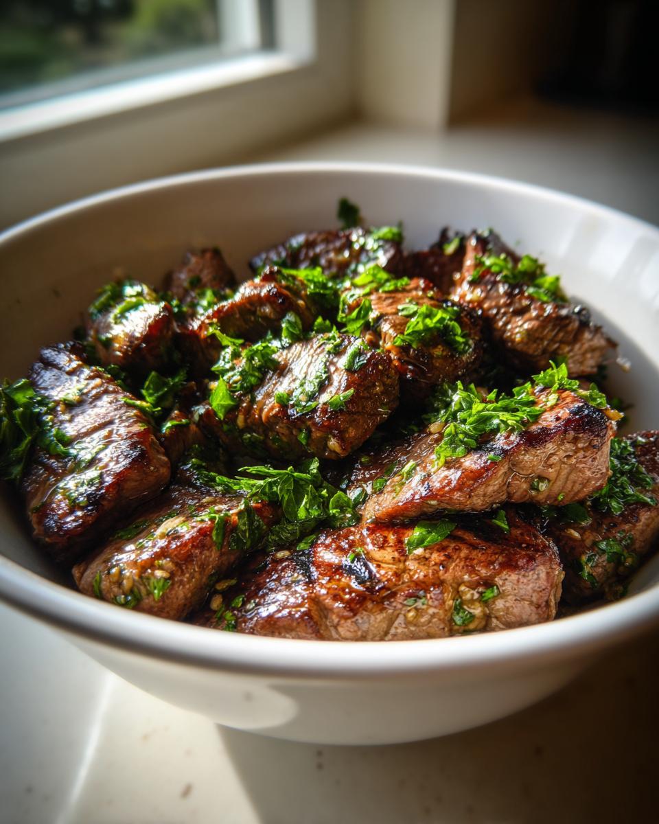 Close-up of seared Garlic Butter Steak Tips tossed in a white bowl and topped with fresh chopped parsley.