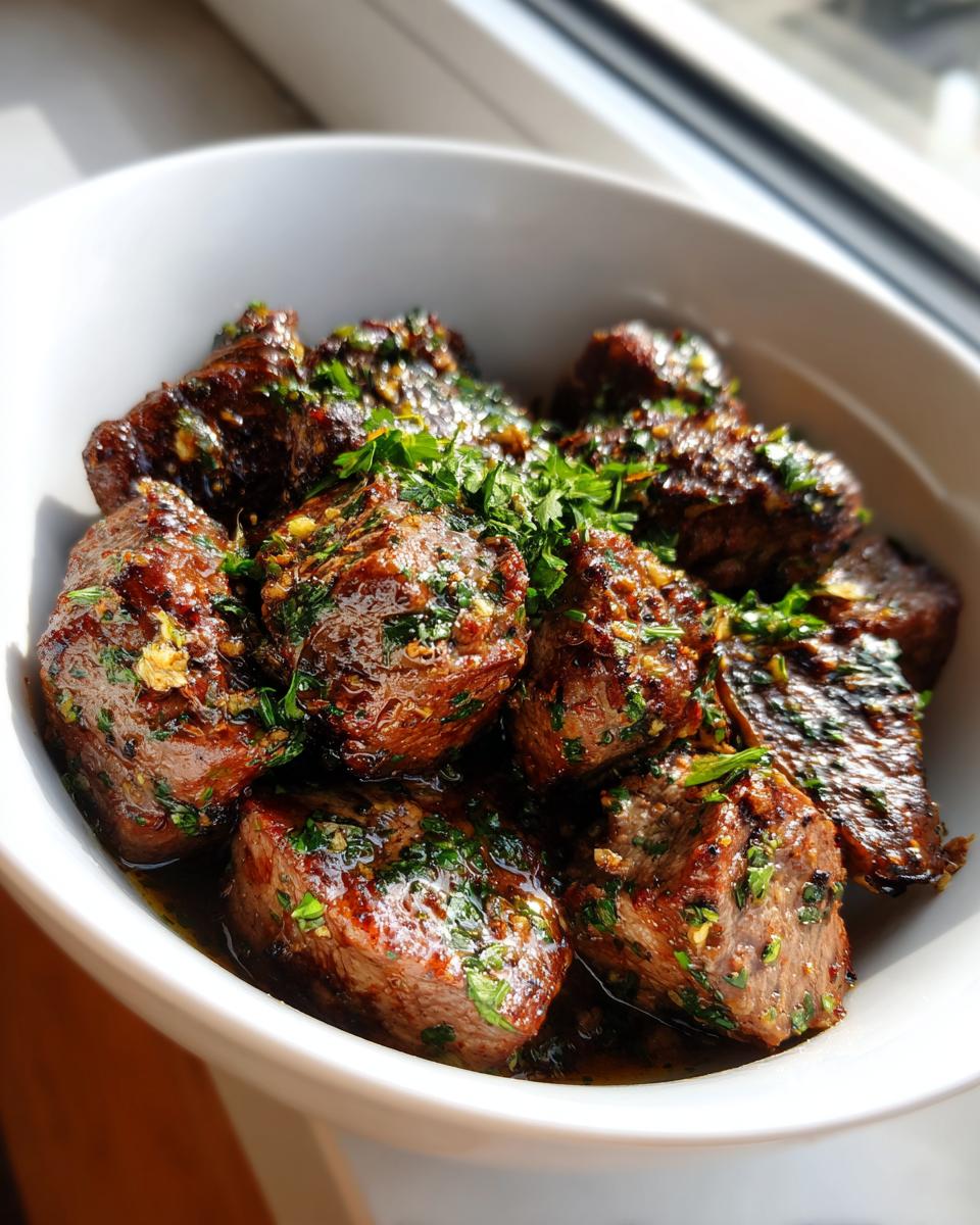 Close-up of seared Garlic Butter Steak Tips coated in sauce and fresh parsley in a white bowl.
