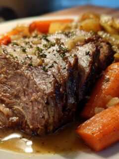 Close-up of a tender slice of Garlic Herb Pot Roast served with roasted carrots and potatoes.