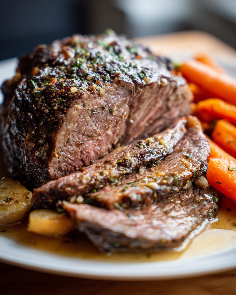 Close-up of sliced Garlic Herb Pot Roast, moist and covered in herbs, served with cooked carrots.