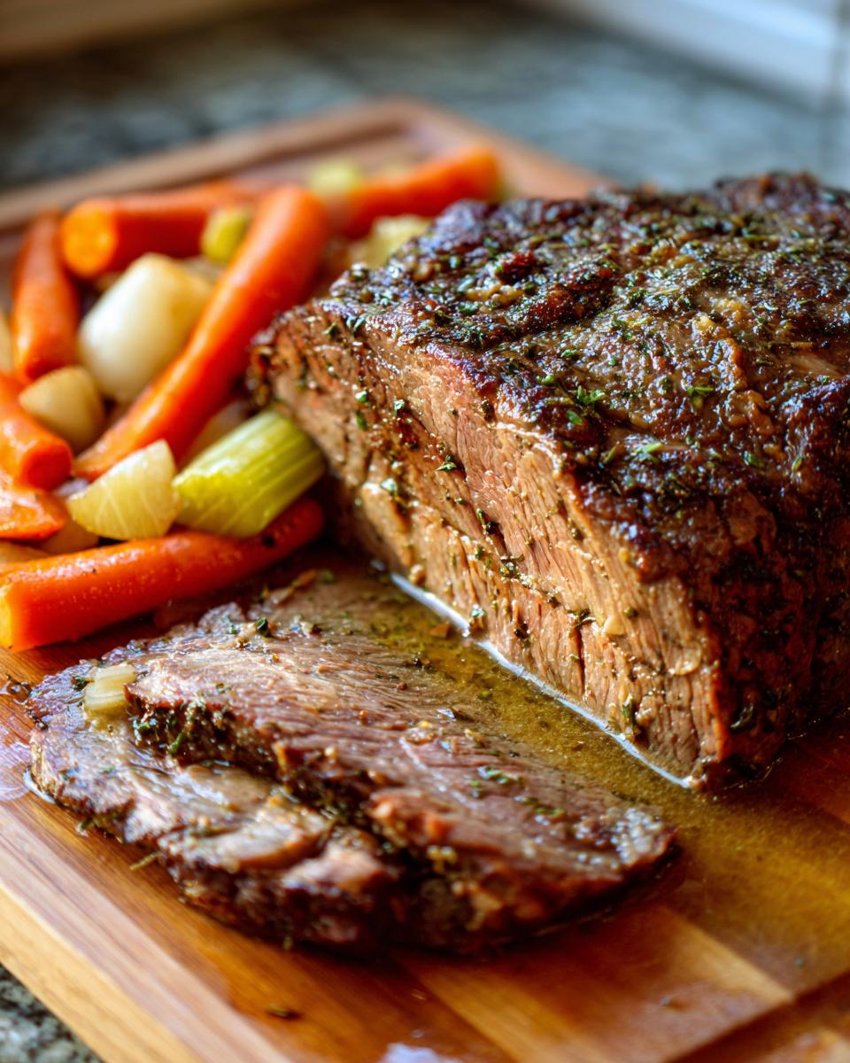 A tender Garlic Herb Pot Roast sliced on a wooden board next to carrots and potatoes.