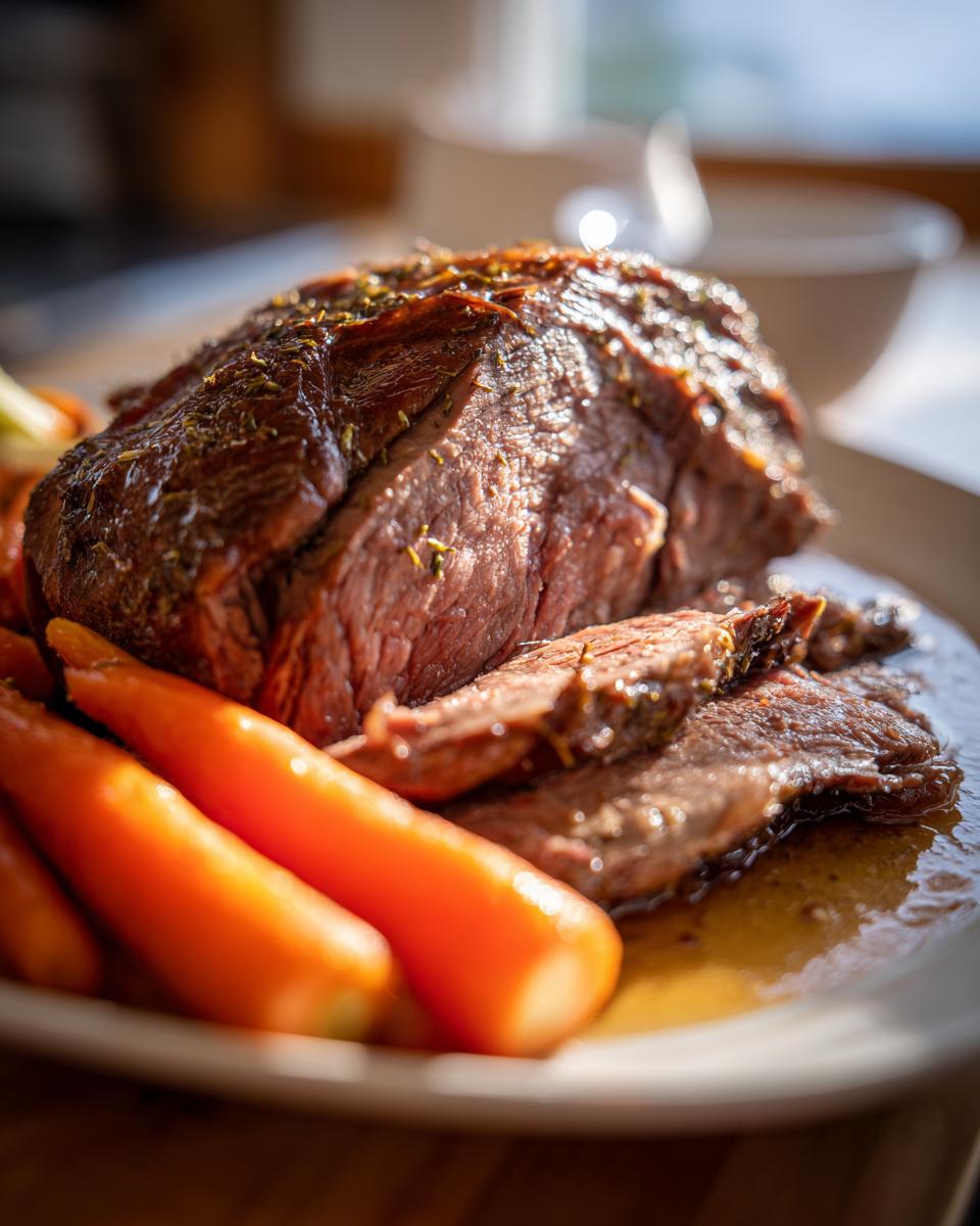 Close-up of a perfectly cooked Garlic Herb Pot Roast, partially sliced, served with bright orange carrots in its juices.