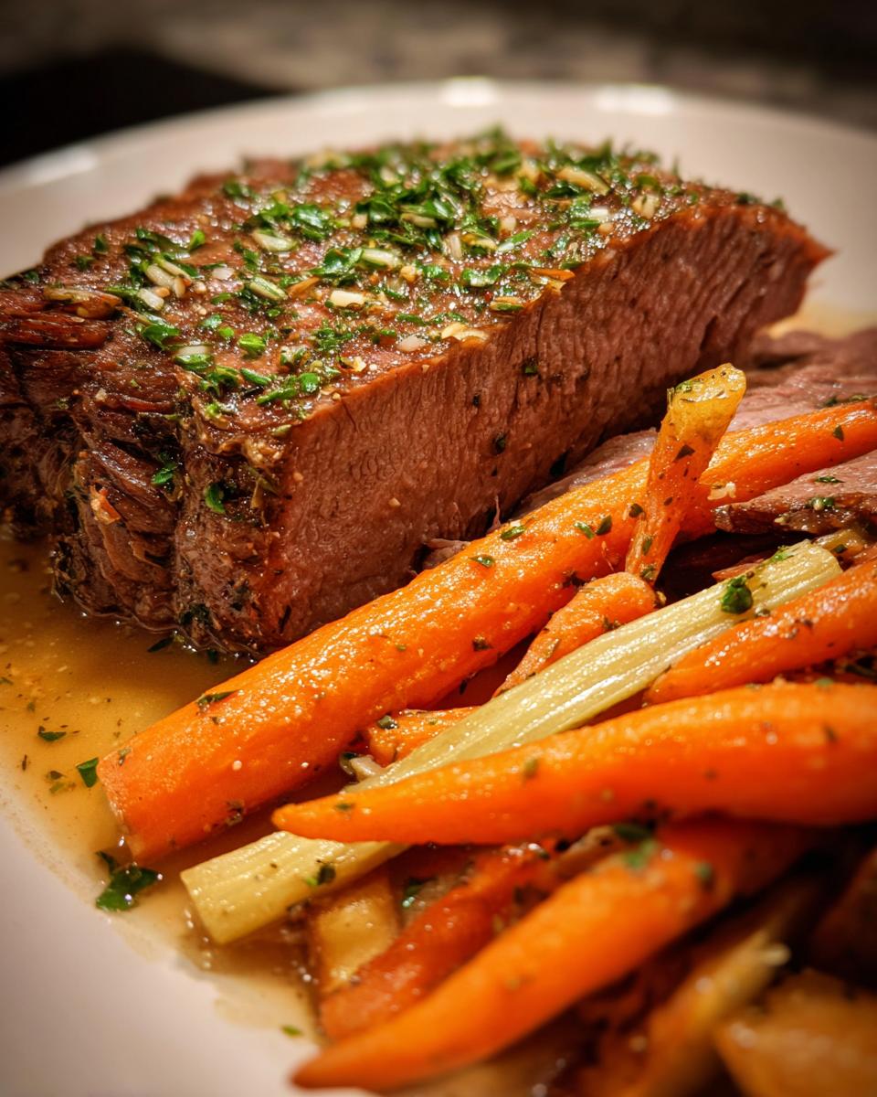 A thick slice of tender Garlic Herb Pot Roast topped with herbs, served alongside glazed carrots and celery in rich gravy.