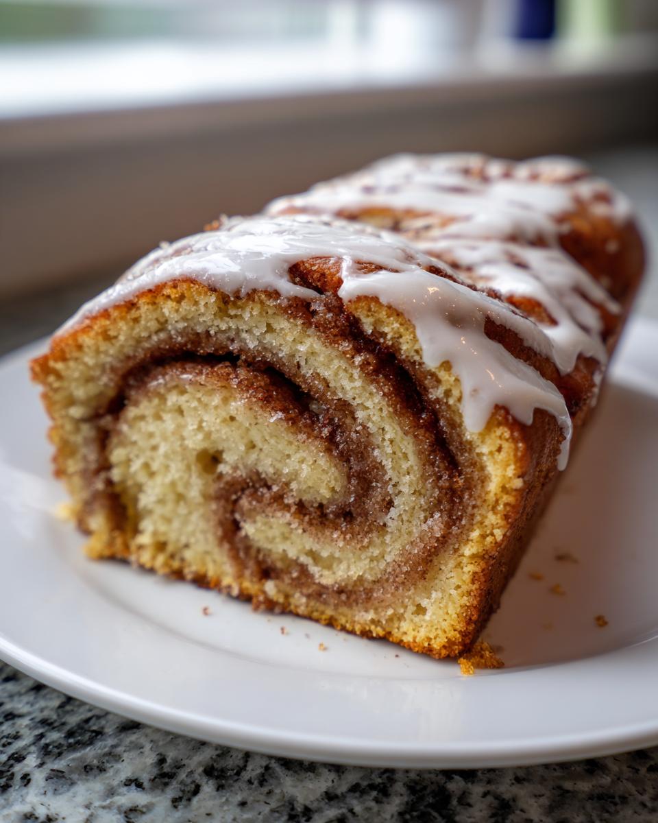 A close-up of a slice of Honey Bun Cake showing the cinnamon swirl interior and white glaze topping.