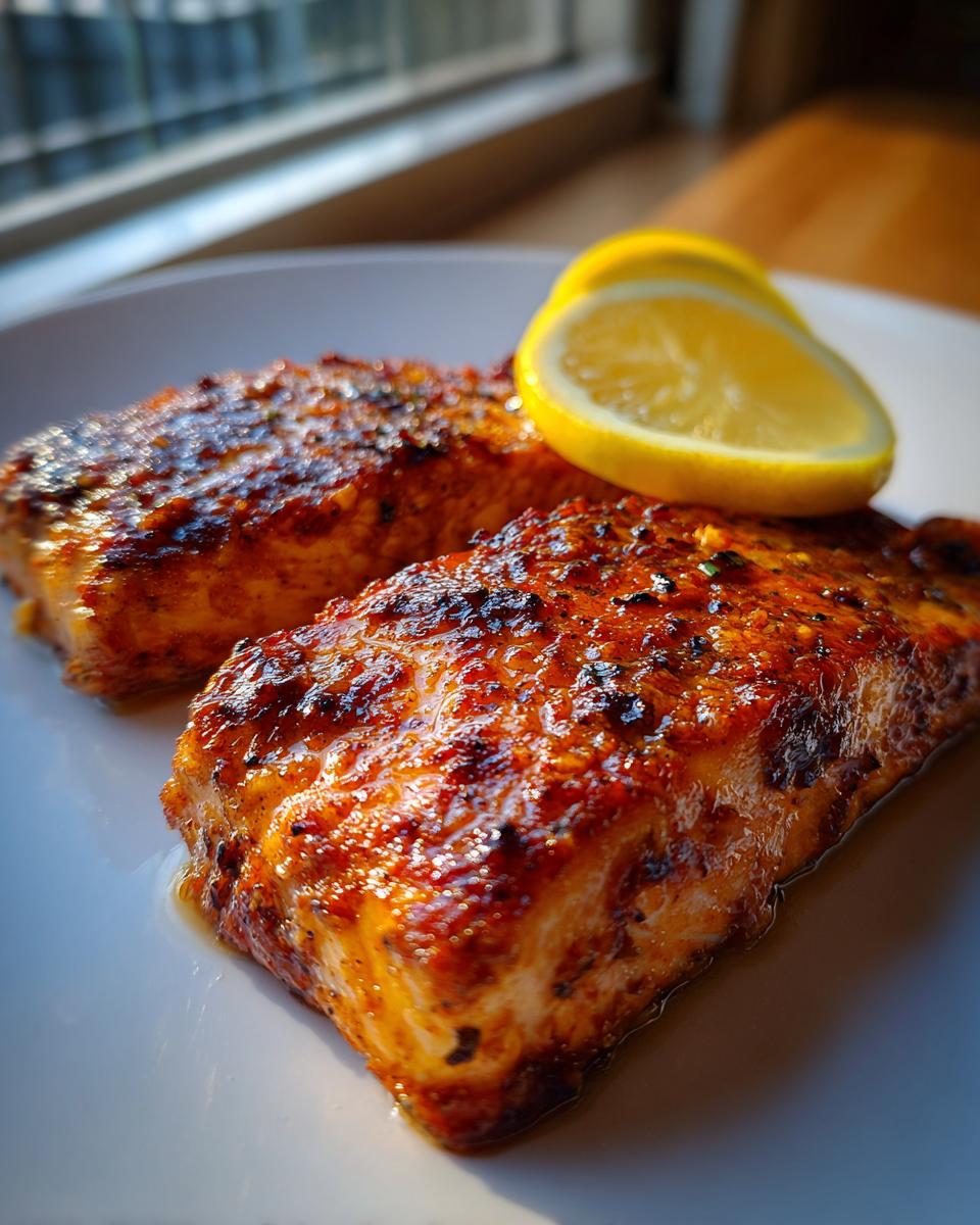Two perfectly cooked, glazed Mahi Mahi fillets garnished with fresh lemon slices.