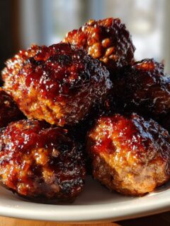 A close-up of a pile of glossy, glazed Mongolian Meatballs stacked high on a white plate.