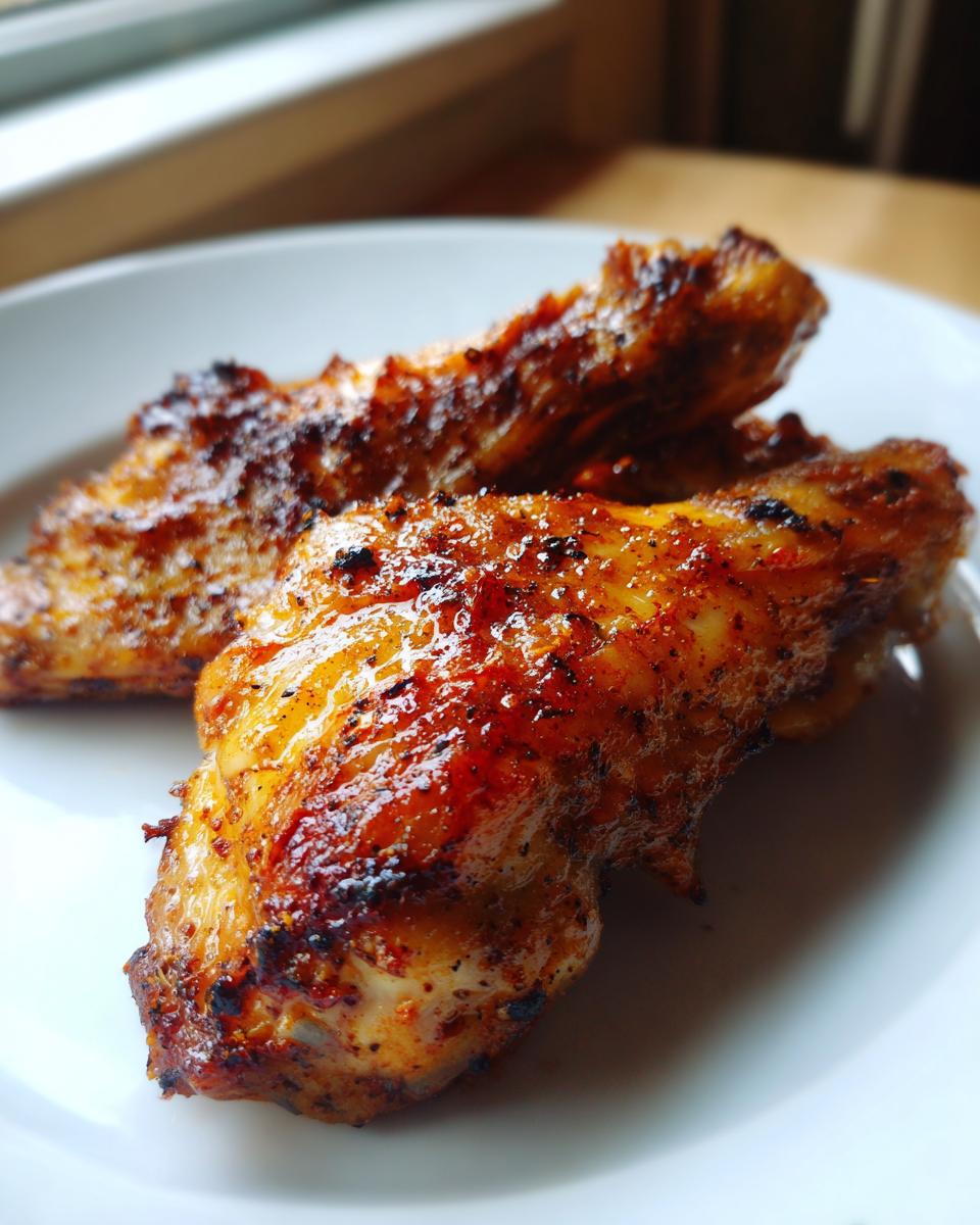 Close-up of two perfectly roasted and glazed turkey wing pieces on a white plate.