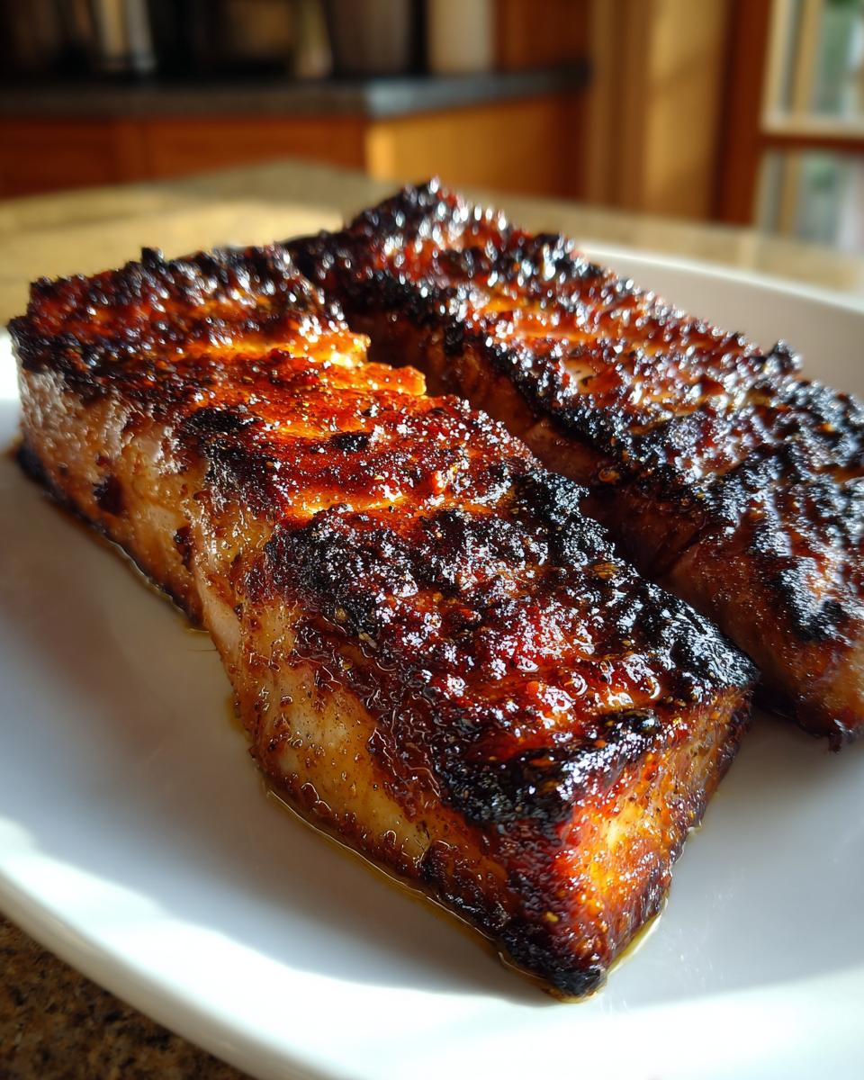 Close-up of two perfectly seared and glazed Mahi Mahi fillets on a white plate, showcasing a rich, dark crust.
