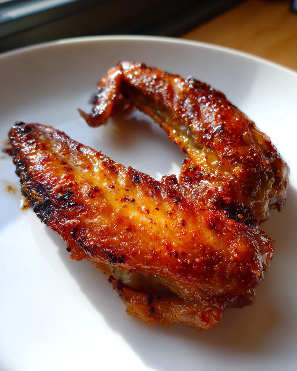 Close-up of a perfectly cooked, glazed turkey wing with crispy, caramelized skin.