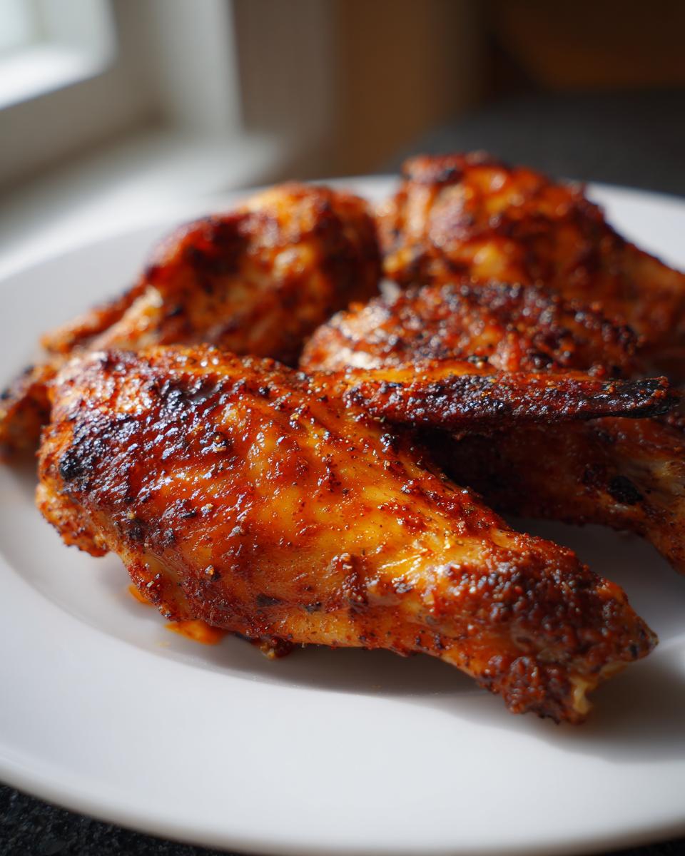 Close-up of four perfectly cooked, glazed Turkey Wing Recipes pieces with crispy, seasoned skin on a white plate.