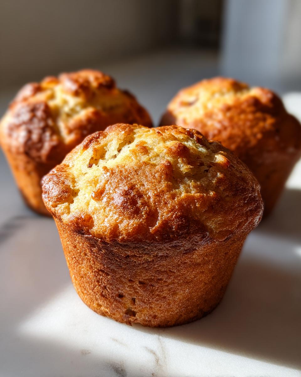 Close-up of three golden brown Pancake Sausage Muffins with shiny, domed tops sitting on a white marble surface.
