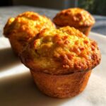Close-up of three golden brown Pancake Sausage Muffins with crispy tops sitting on a white surface.