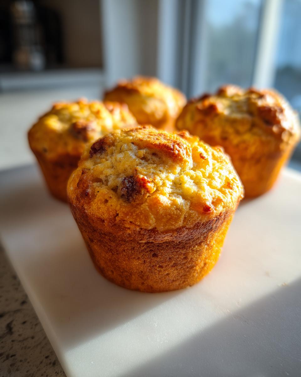 Close-up of four golden Pancake Sausage Muffins sitting on a white cutting board in bright sunlight.