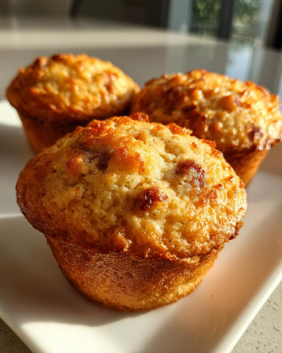 Close-up of three golden brown Pancake Sausage Muffins sitting on a white plate, catching bright sunlight.