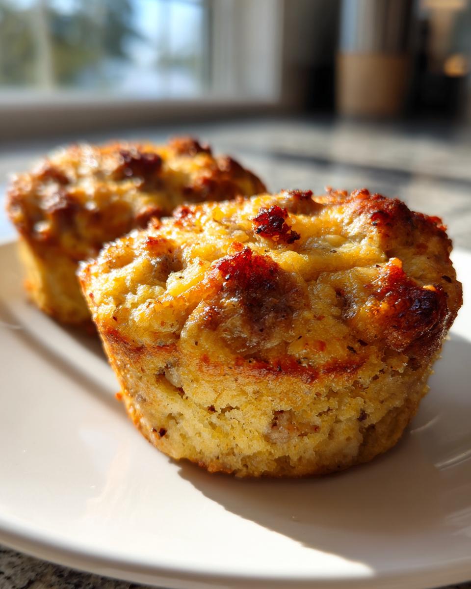 Close-up of two freshly baked Sausage Muffins with golden, slightly browned tops, sitting on a white plate.