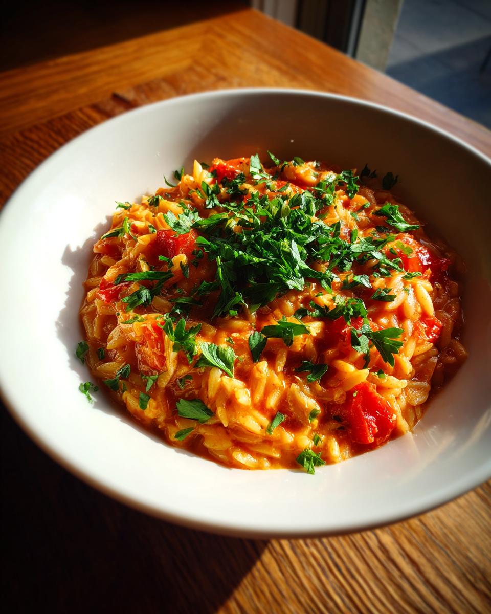 A close-up of a white bowl filled with rich, tomato-based Greek Manestra pasta, topped generously with fresh chopped parsley.