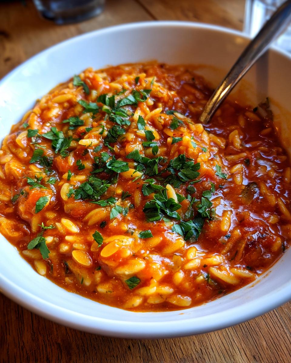 Close-up of a white bowl filled with rich, tomato-based Greek Manestra pasta, garnished with fresh parsley.