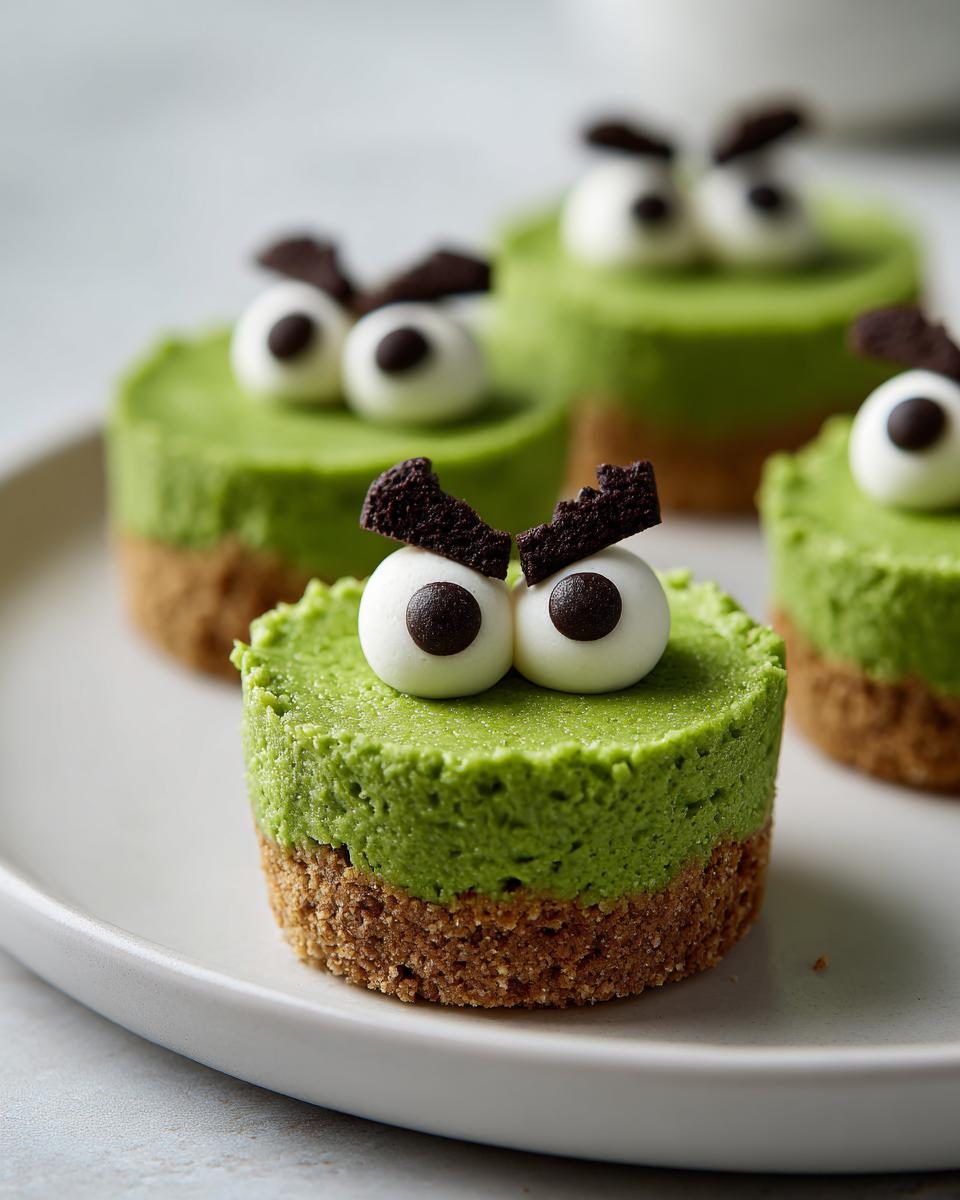 A close-up of a vibrant green Grinch Mini Cheesecake topped with large googly eyes and dark cookie eyebrows.