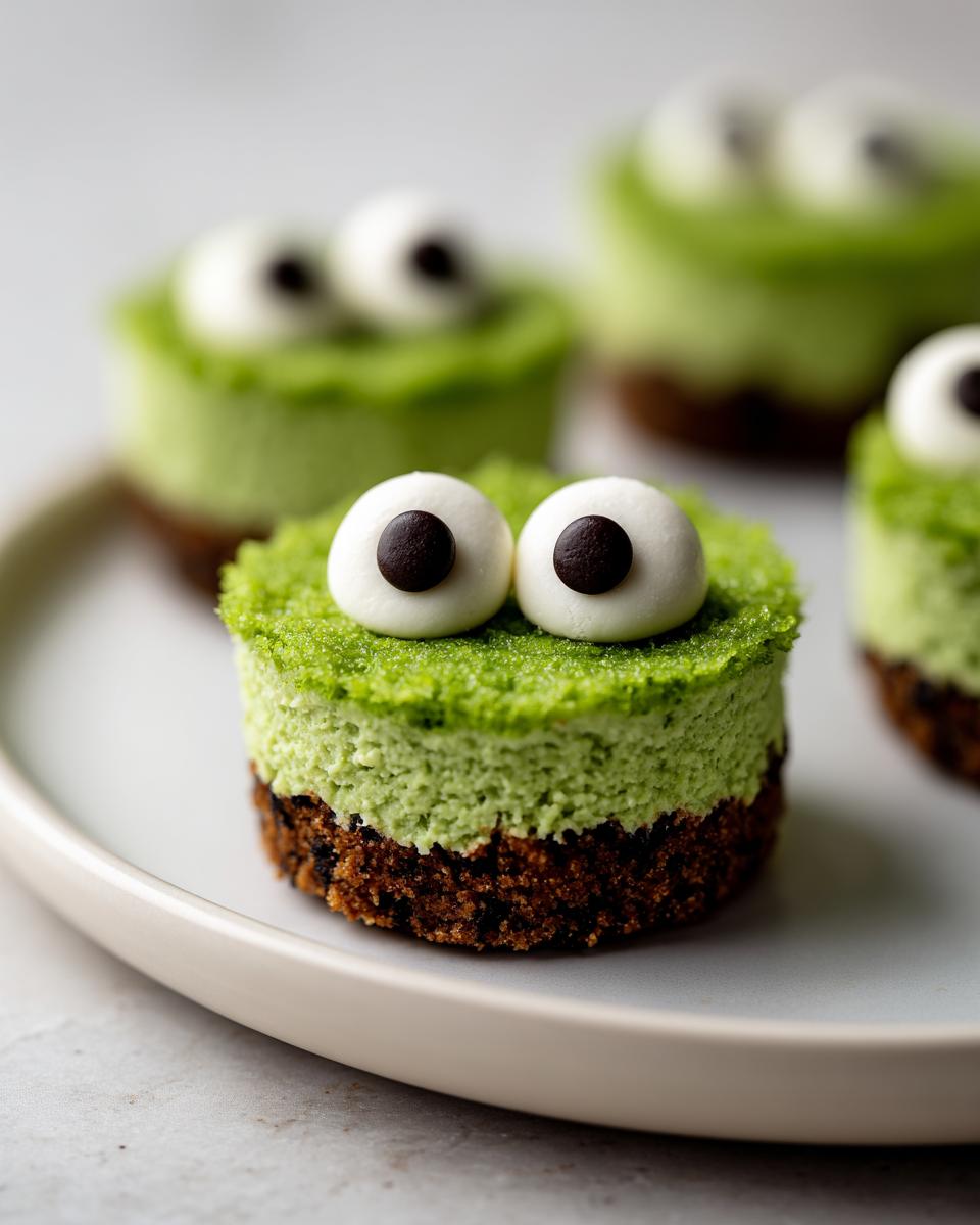 A close-up of a Grinch Mini Cheesecake featuring a dark crust, green filling, and large candy eyes.