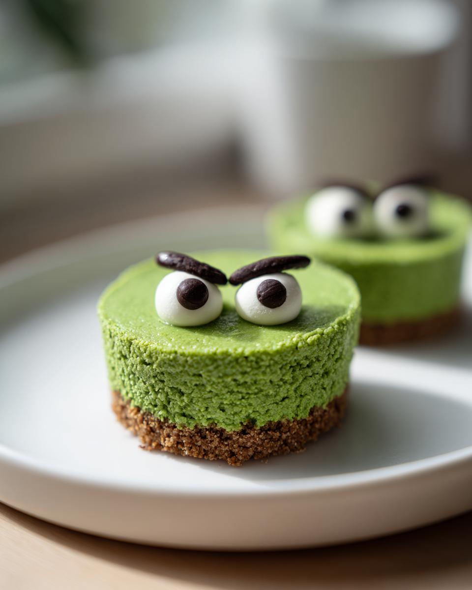 A vibrant green Grinch Mini Cheesecake featuring large, expressive candy eyes and dark chocolate eyebrows.