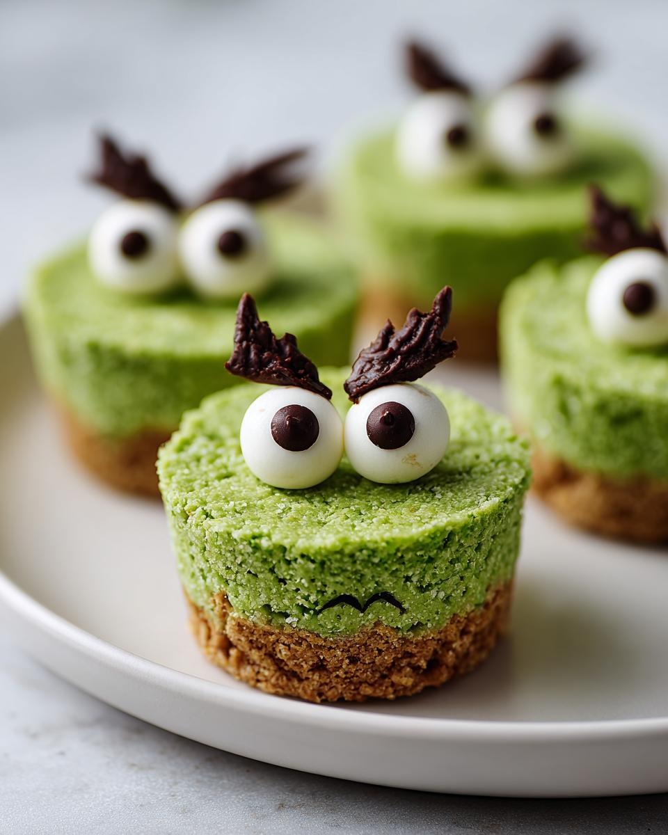 A close-up of a festive Grinch Mini Cheesecake featuring bright green filling, a graham cracker crust, and large candy eyes with chocolate eyebrows.