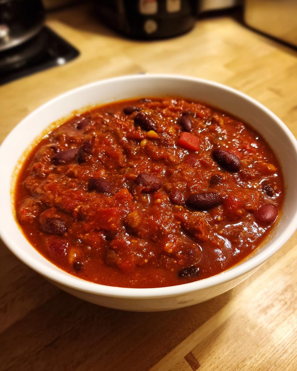 Close-up of a white bowl filled with rich, red Healthy Vegetarian Three Bean Chili, featuring kidney beans.