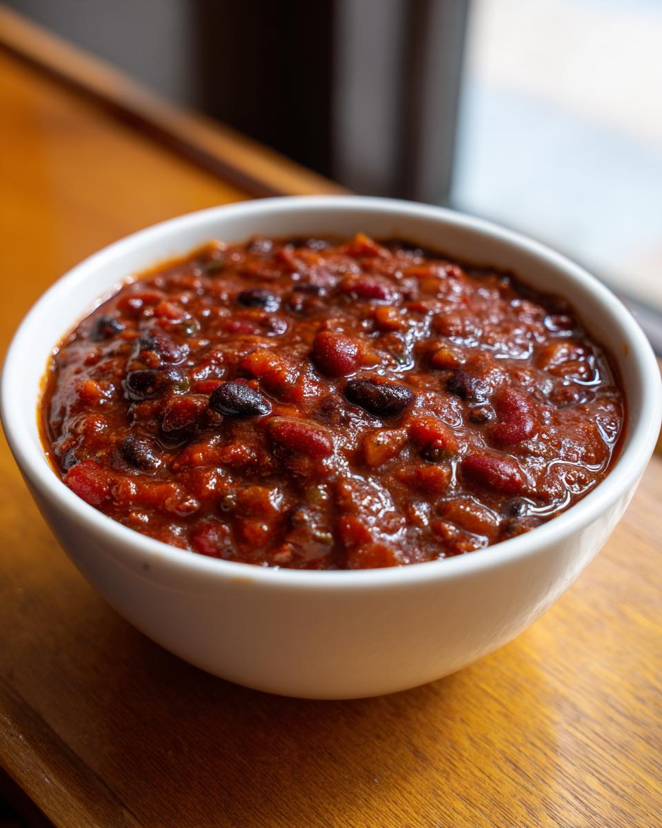 Close-up of a white bowl filled with rich, thick Healthy Vegetarian Three Bean Chili, featuring kidney and black beans.