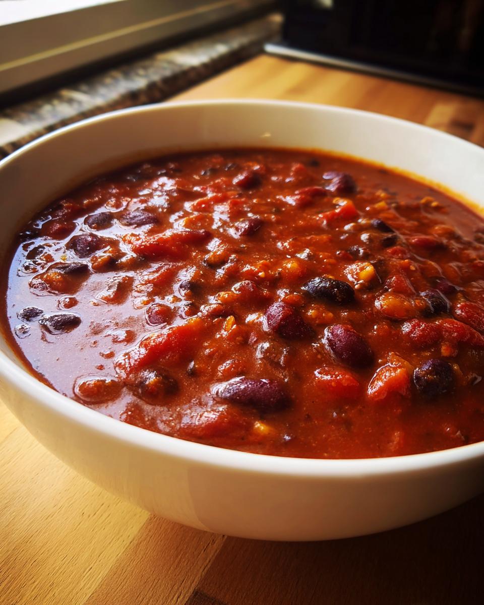 Close-up of a white bowl filled with rich, thick Healthy Vegetarian Three Bean Chili, featuring kidney and black beans.