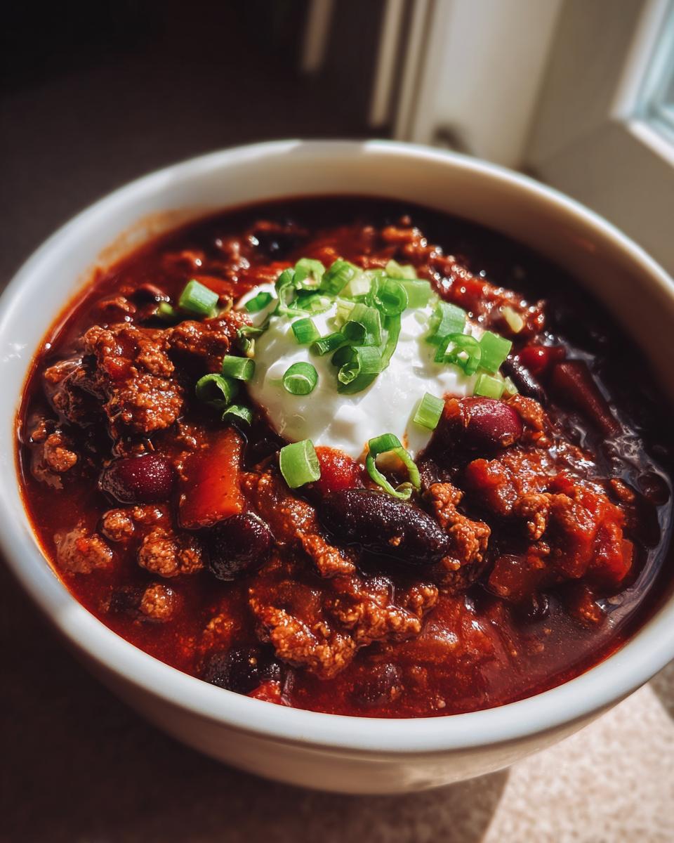Close-up of a rich, dark red Crockpot Chili topped with sour cream and chopped green onions.