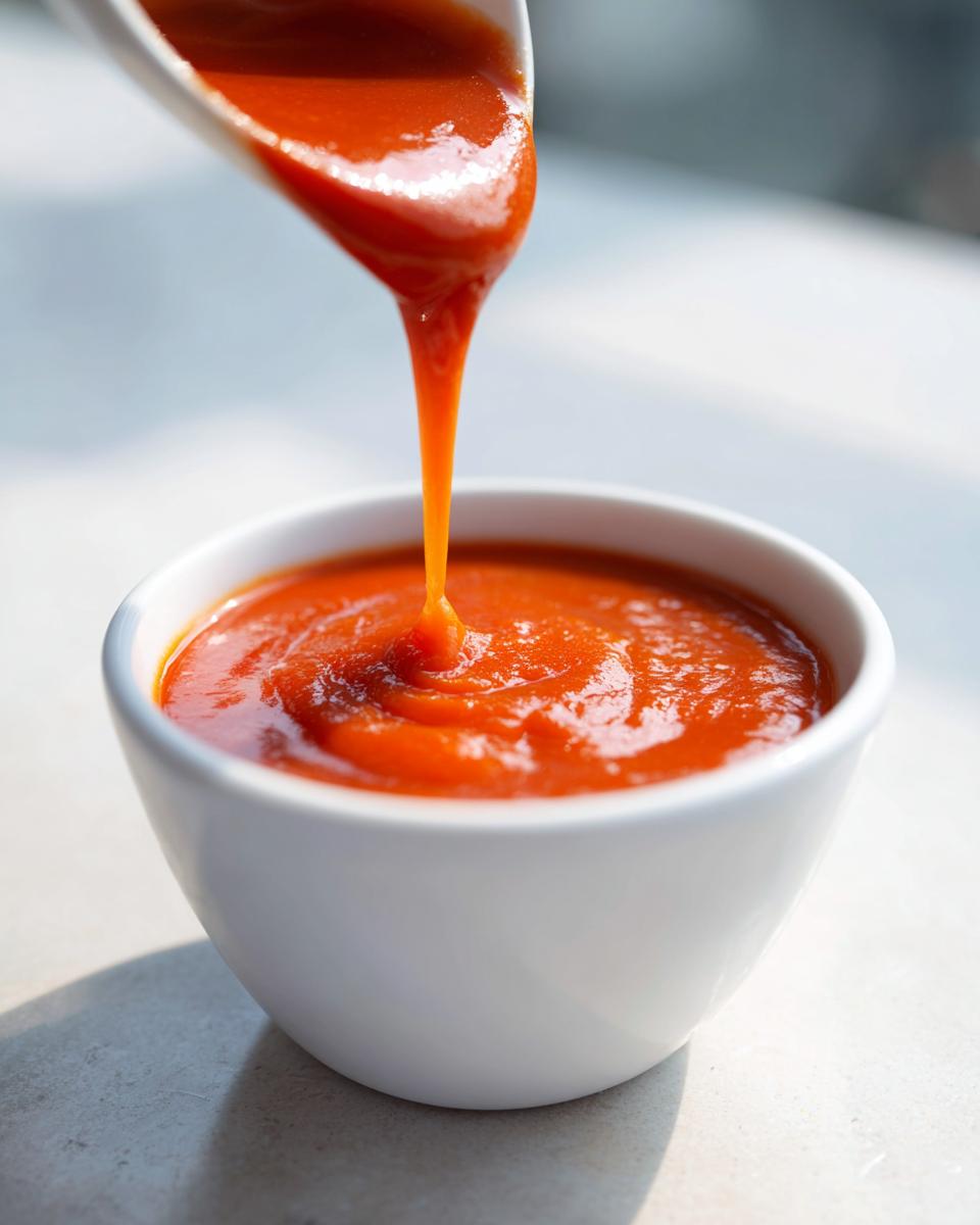 Close-up of thick, bright orange Catalina Dressing being poured from a white spoon into a small white bowl.