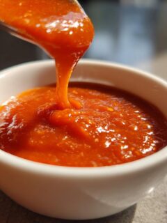 Close-up of thick, vibrant orange-red Catalina Dressing being poured from a spoon into a small white bowl.