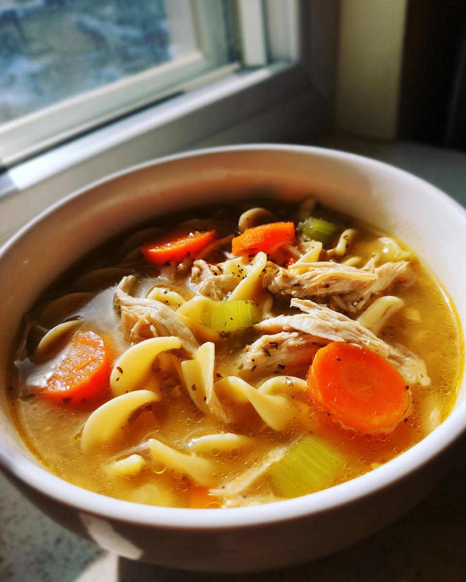 Close-up of a white bowl filled with steaming Chicken Soup featuring shredded chicken, egg noodles, carrots, and celery.