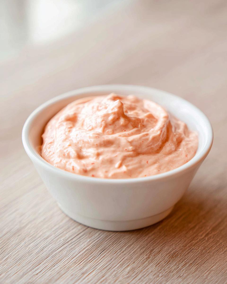 Close-up of creamy, pinkish-orange homemade In N Out Sauce served in a small white bowl on a light wood surface.