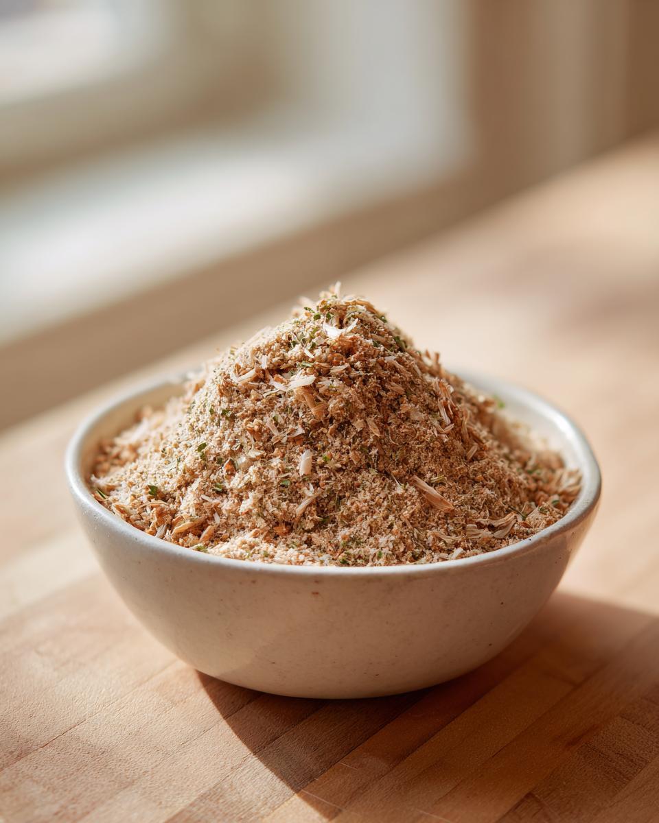 A close-up of homemade Onion Soup Mix, a dry blend of flakes and seasonings, piled high in a small white bowl.