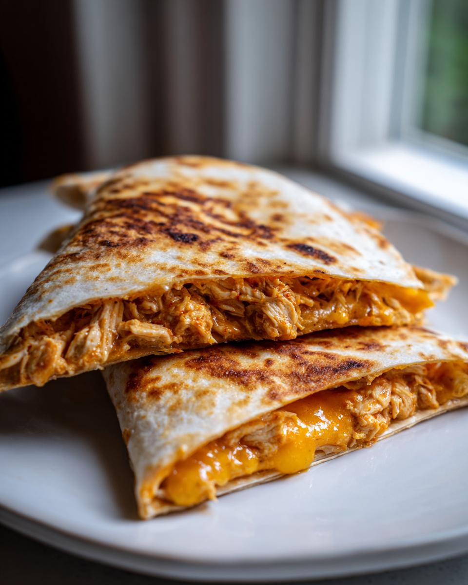 Two halves of a homemade Taco Bell Quesadilla stacked, showing shredded chicken filling and melted orange cheese.