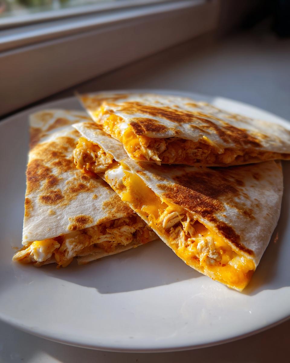 Three wedges of a golden-brown Taco Bell Quesadilla filled with shredded chicken and melted orange cheese.