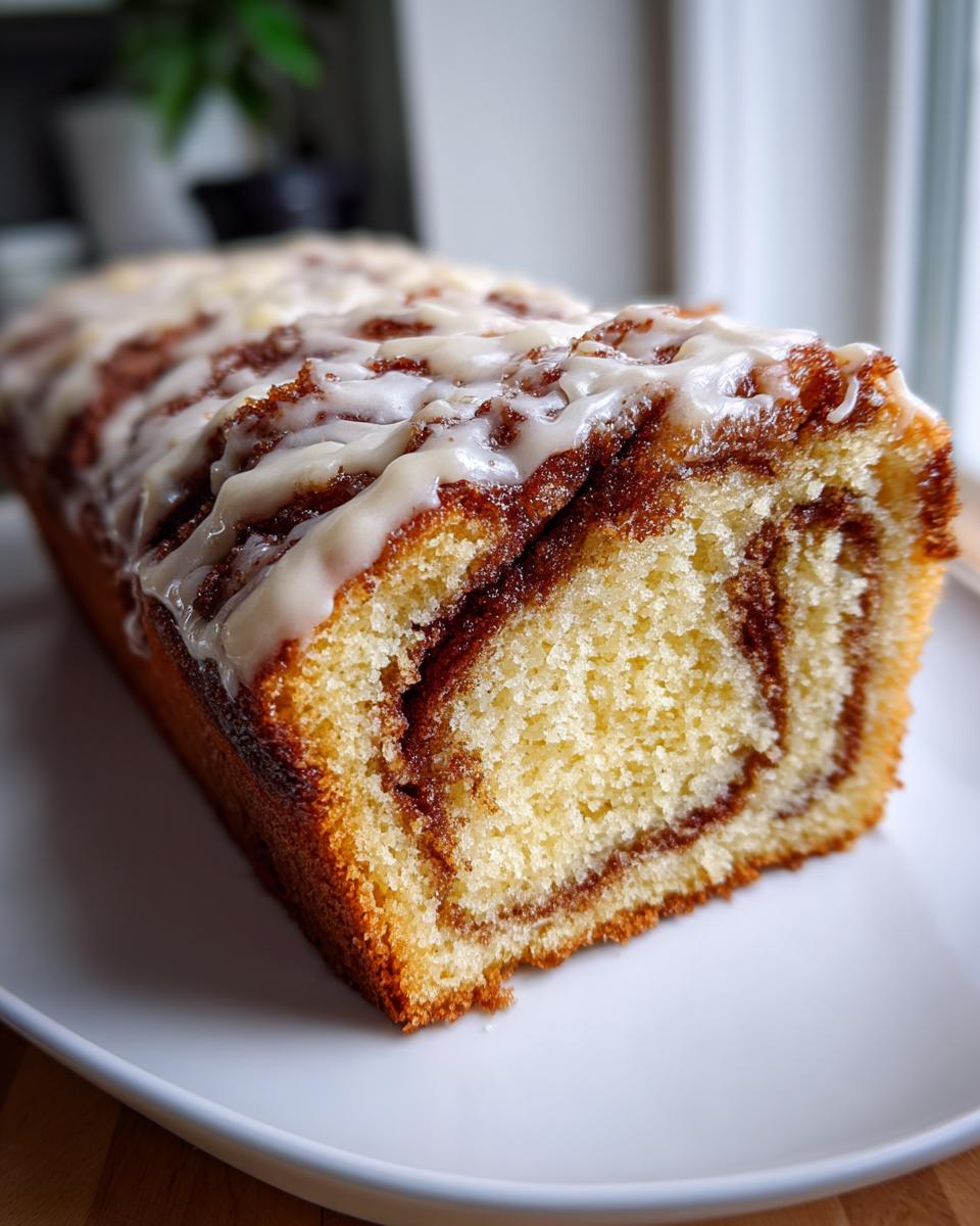 A close-up of a freshly baked Honey Bun Cake loaf, showing a moist yellow crumb with a cinnamon swirl and white glaze.
